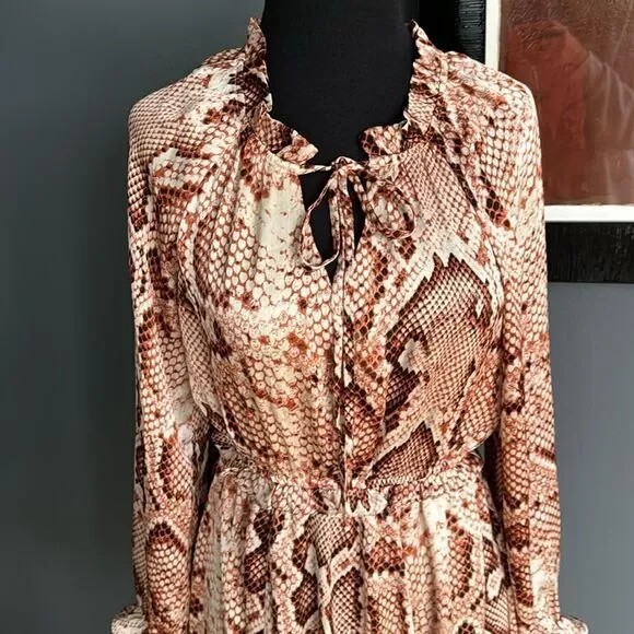 THML rust/brown tones stretch snakeskin print ruffle accent midi. Small.